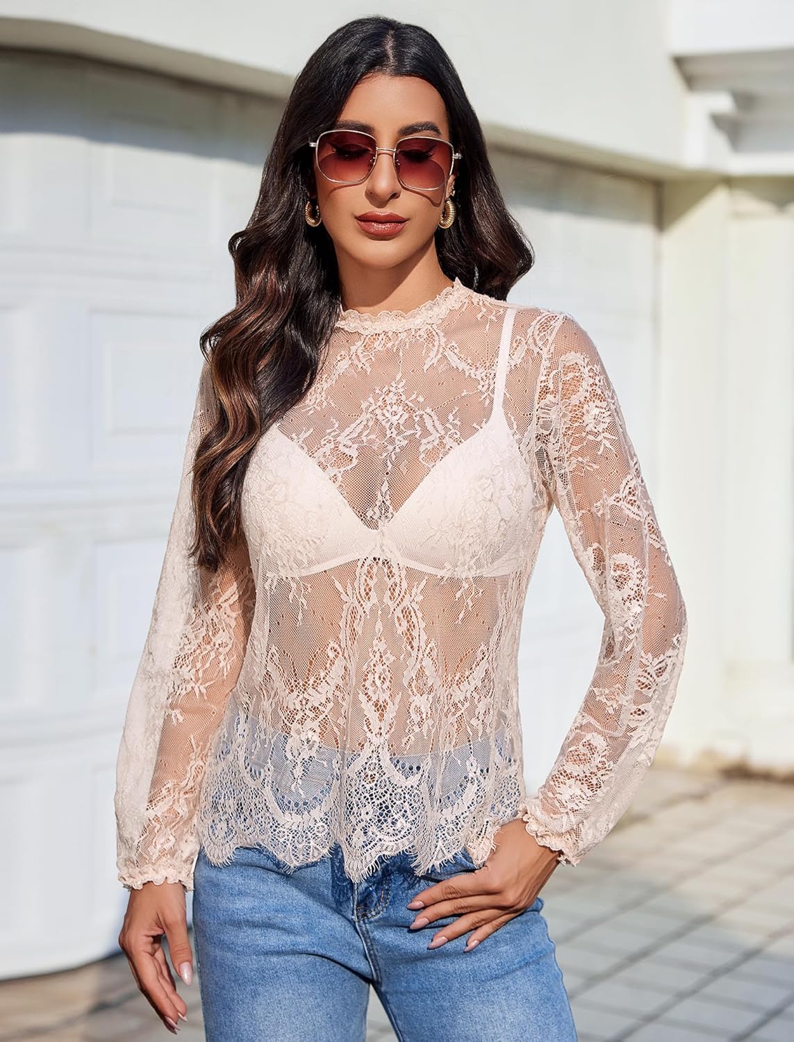 Floral Lace Mesh Top Long Sleeve Sheer Shirts Champagne Lingeries-Crop tops - Tophatter Daily Deals