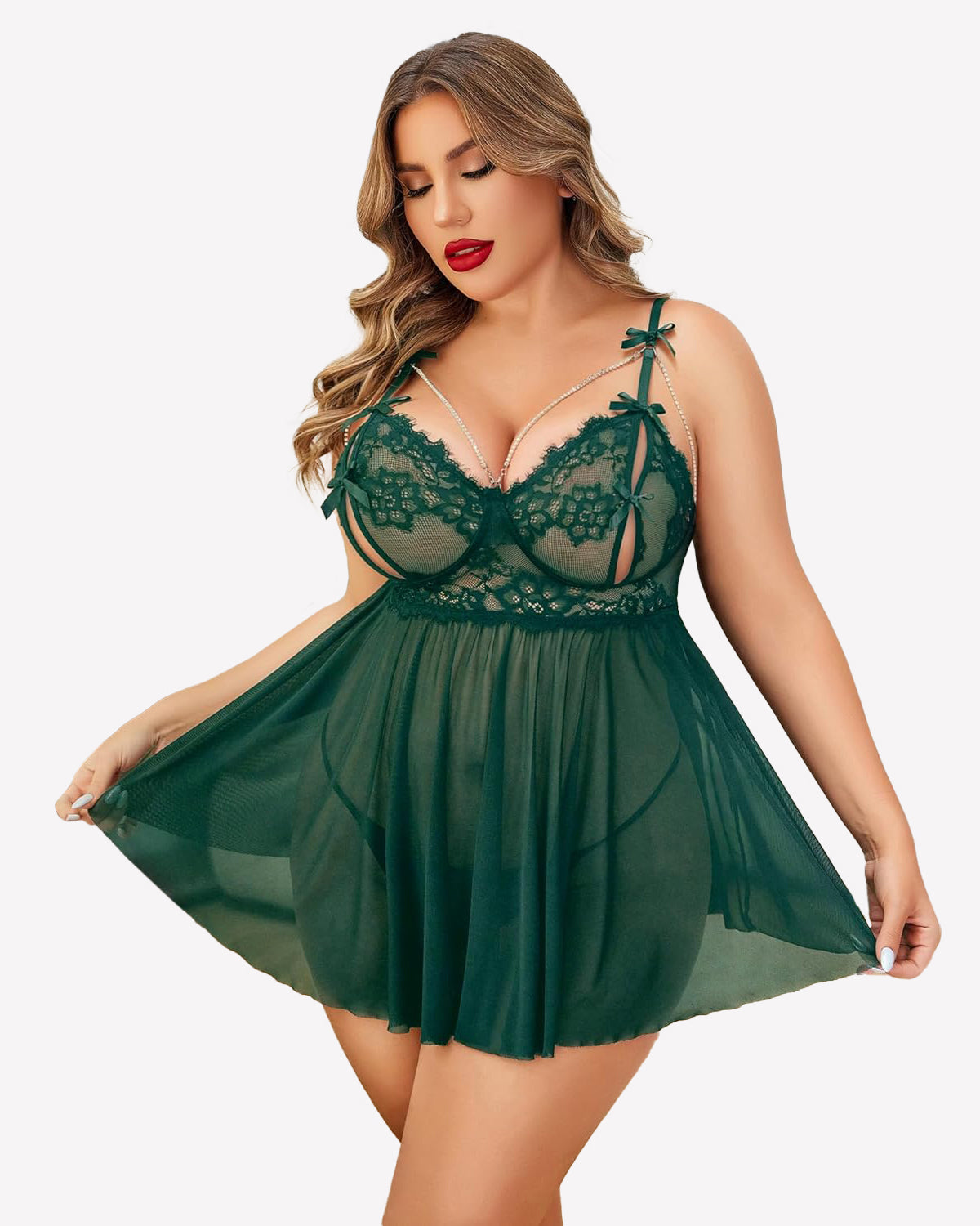 Plus Size Lace Babydoll Nighty Green Lingerie Sets-Plus size - Tophatter Daily Deals