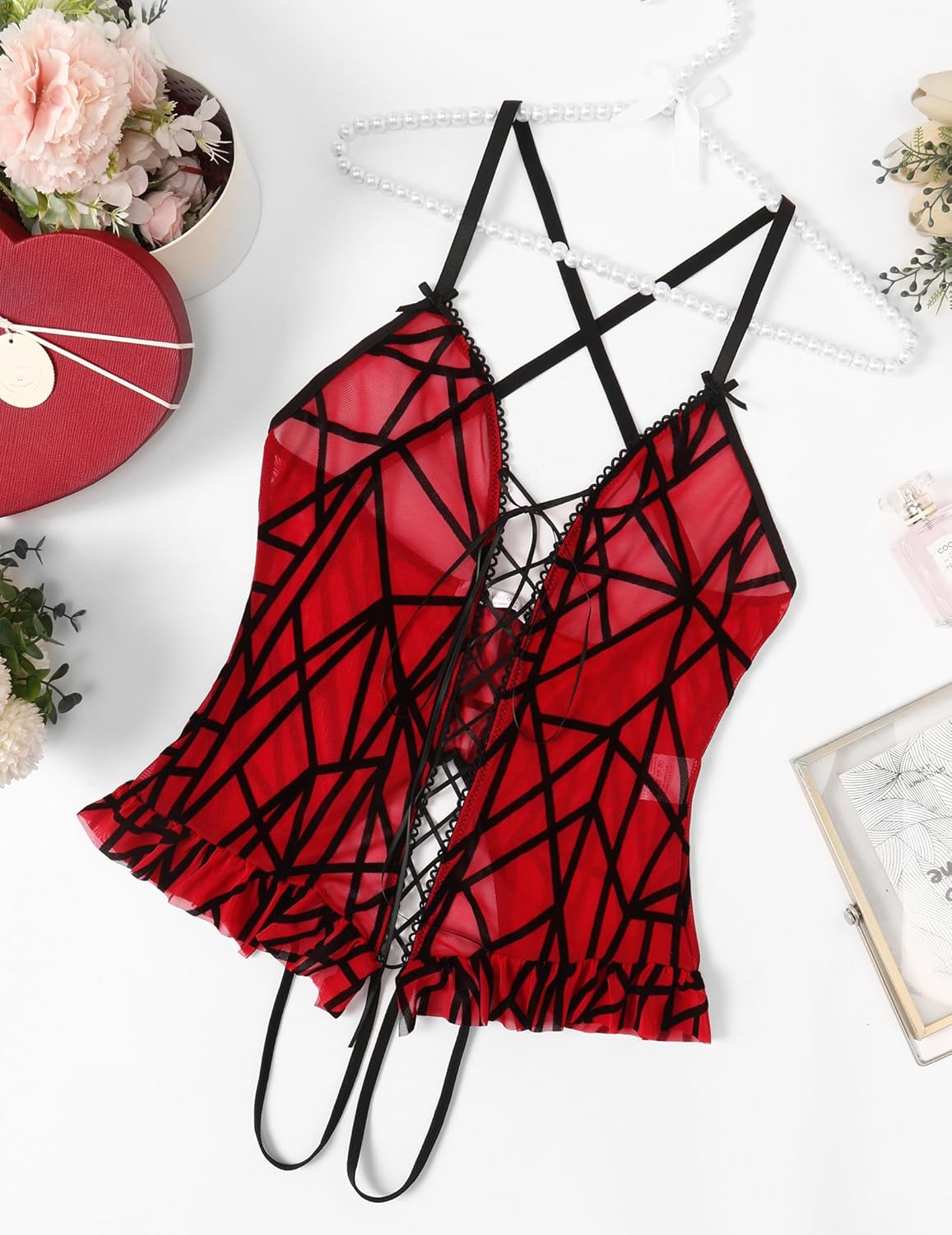 Floral Print Corset Ruffle Lace Up Bodysuit Geometry Lingeries-Bodysuits - Tophatter Daily Deals