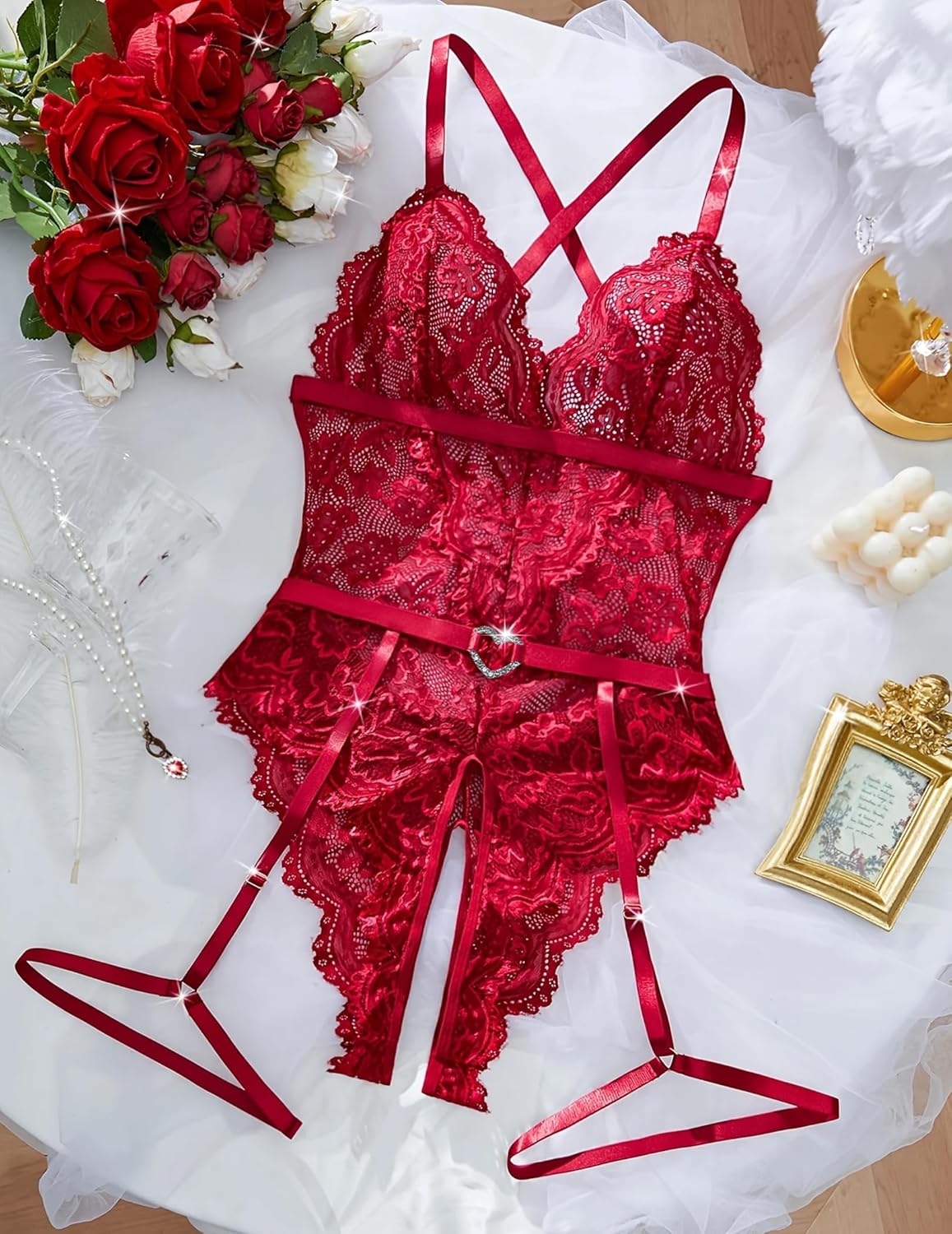 Lace Crotchless Bodysuit with Garter Belt Lingeries-Bodysuits - Tophatter Daily Deals