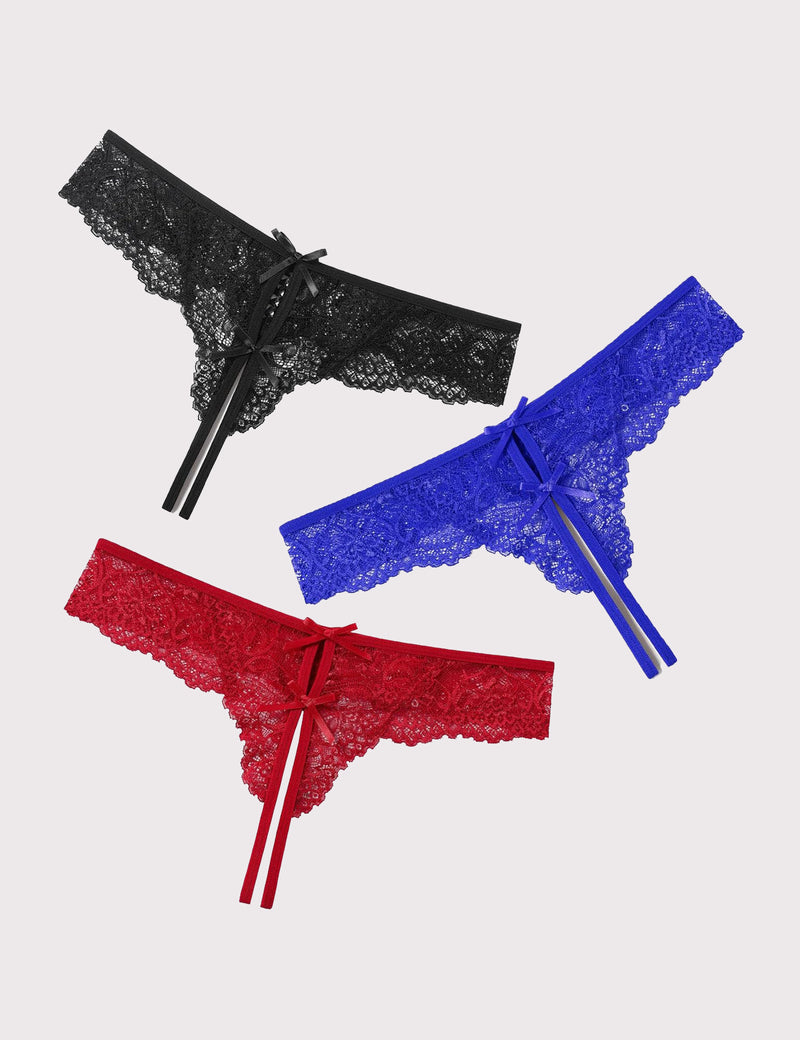 Lace Thongs Panties with Cute Bow Black+Wine Red+Royal Blue Lingeries-panties - Tophatter Daily Deals