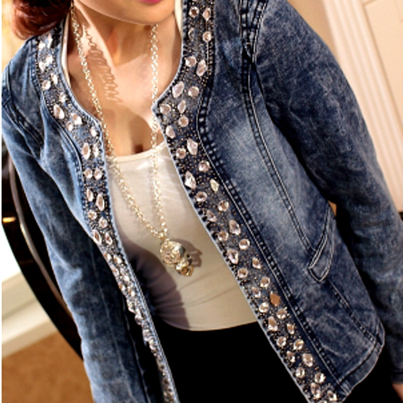 Autumn Elastic Denim Rhinestone Sequined Retro Short Jacket Denim Jacket Jacket - Tophatter Daily Deals