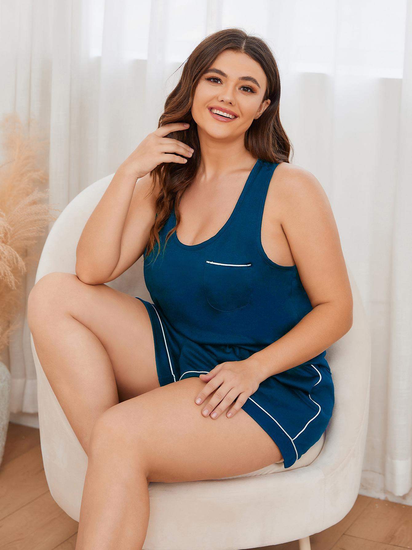 Plus Size Contrast Piping Racerback Tank and Shorts Lounge Set Loungewear Sets - Tophatter Daily Deals