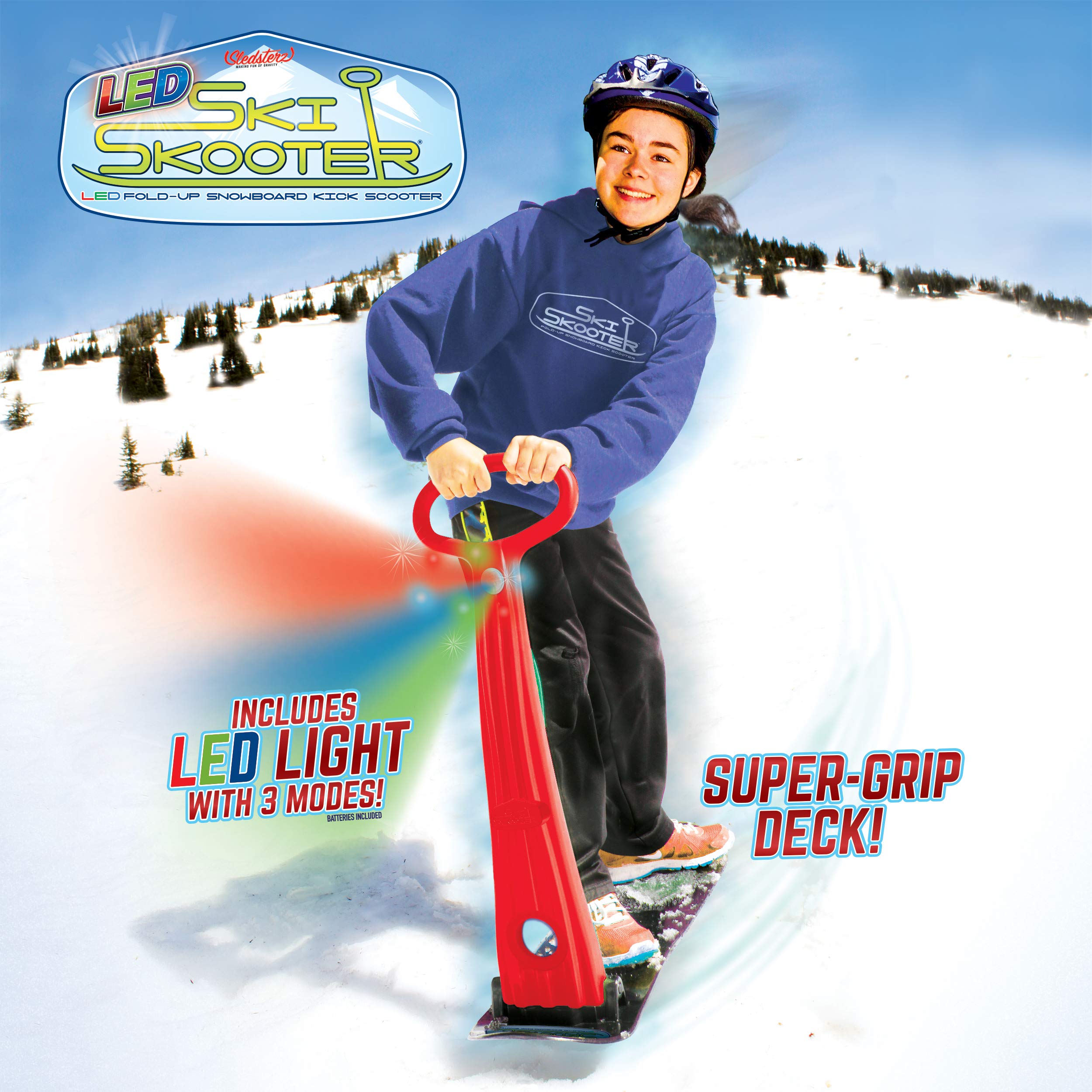 Geospace Original Winter Fun SKI Skooter with Single LED Light - Fold-up Snowboard Kick Scooter Sled for Use on Snow for Kids 6 & Up,Teens & Adults - Assorted Colors (Red, Green or Blue) Default Title - Tophatter Daily Deals