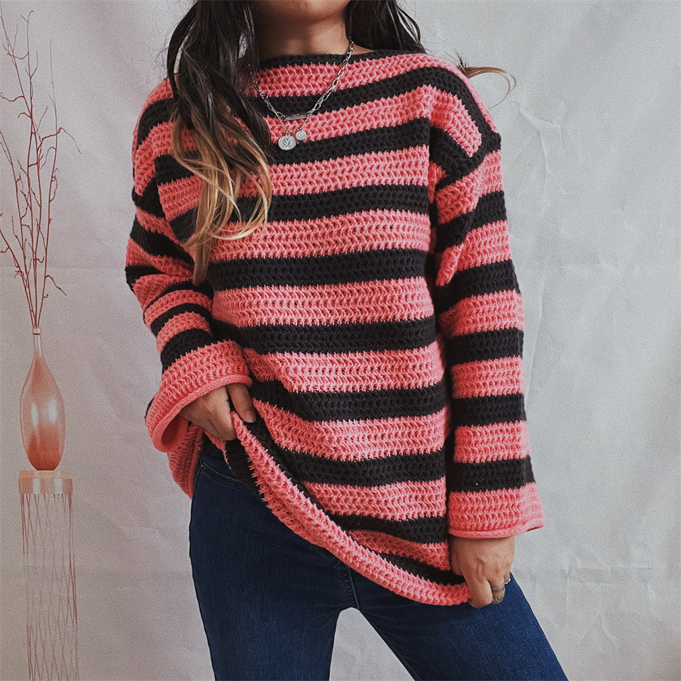 Oversized Women Off Shoulder Sweater - Striped Knit Casual Pink 3D Changing Face Moving Picture Frame - Tophatter Daily Deals
