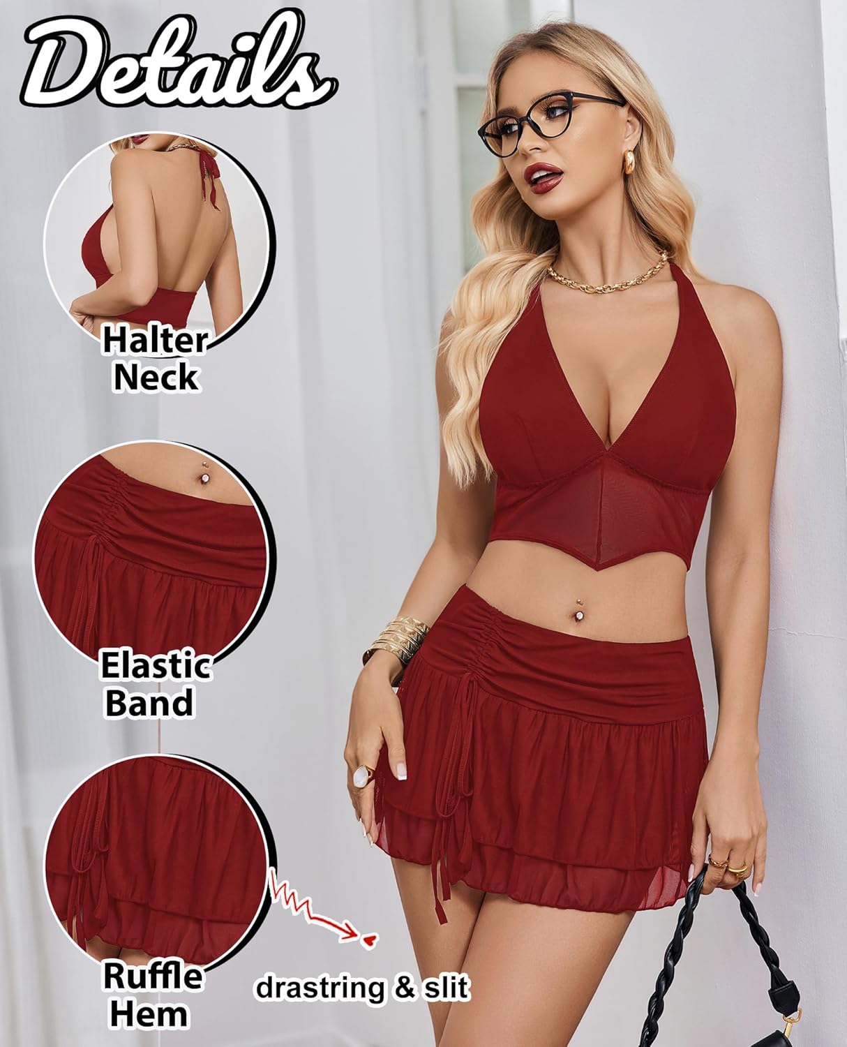 Halter Backless Tank Top Mini Skirt Set Wine Red Lingerie Sets-Skirt Sets - Tophatter Daily Deals