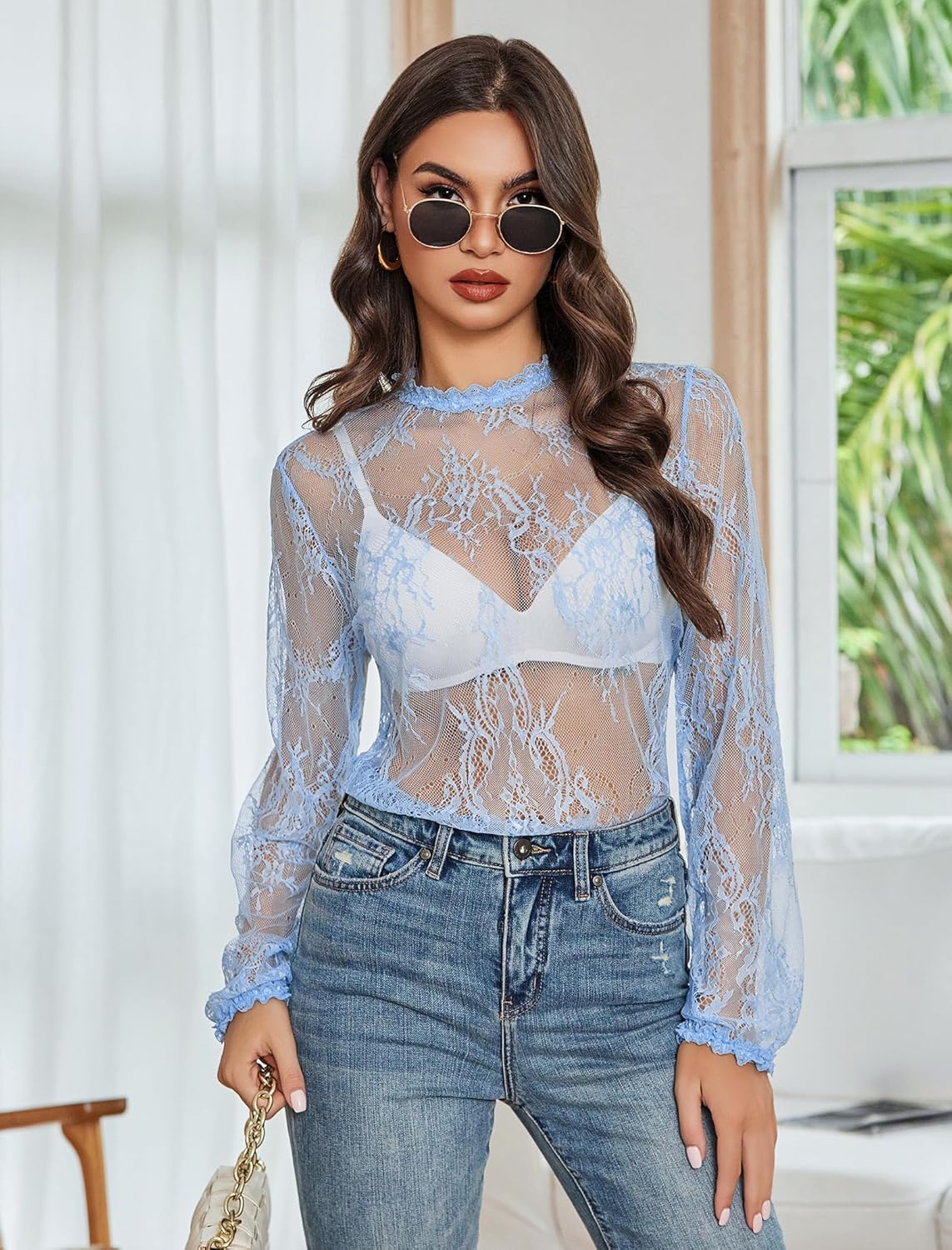 Floral Lace Mesh Top Long Sleeve Sheer Shirts Lingeries-Crop tops - Tophatter Daily Deals
