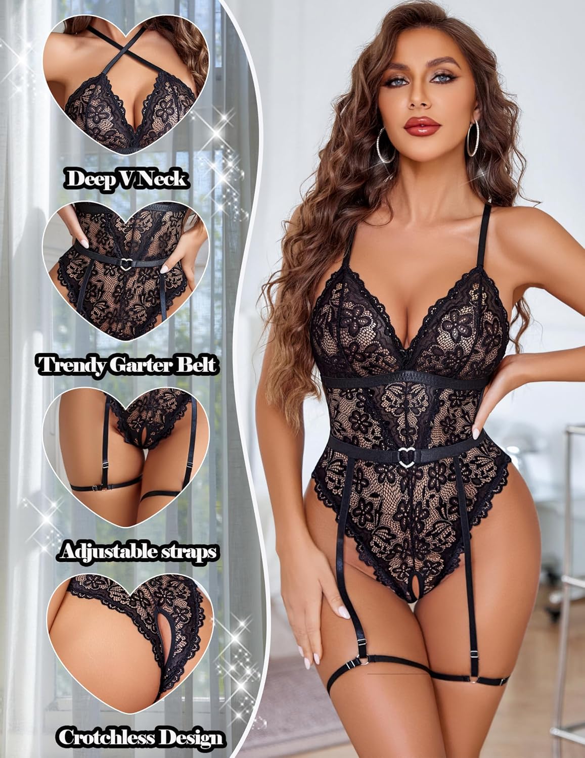 Lace Crotchless Bodysuit with Garter Belt Lingeries-Bodysuits - Tophatter Daily Deals