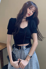 Bubble Sleeve Knitted Short Sleeve T-shirt Women''s Summer Short Black One size 0 - Tophatter Daily Deals