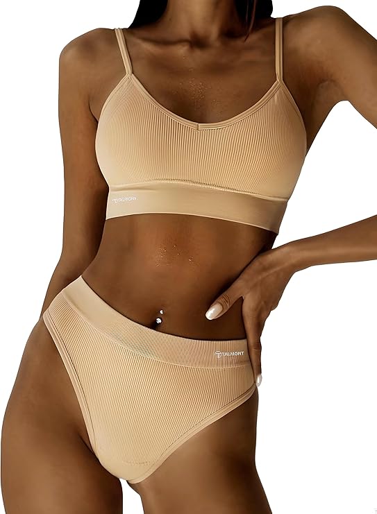 Talmont Seamless Ribbed Bra & Panty Set – Soft, Stretchy Lounge Lingerie with Removable Pads Women's Lingerie - Tophatter Daily Deals