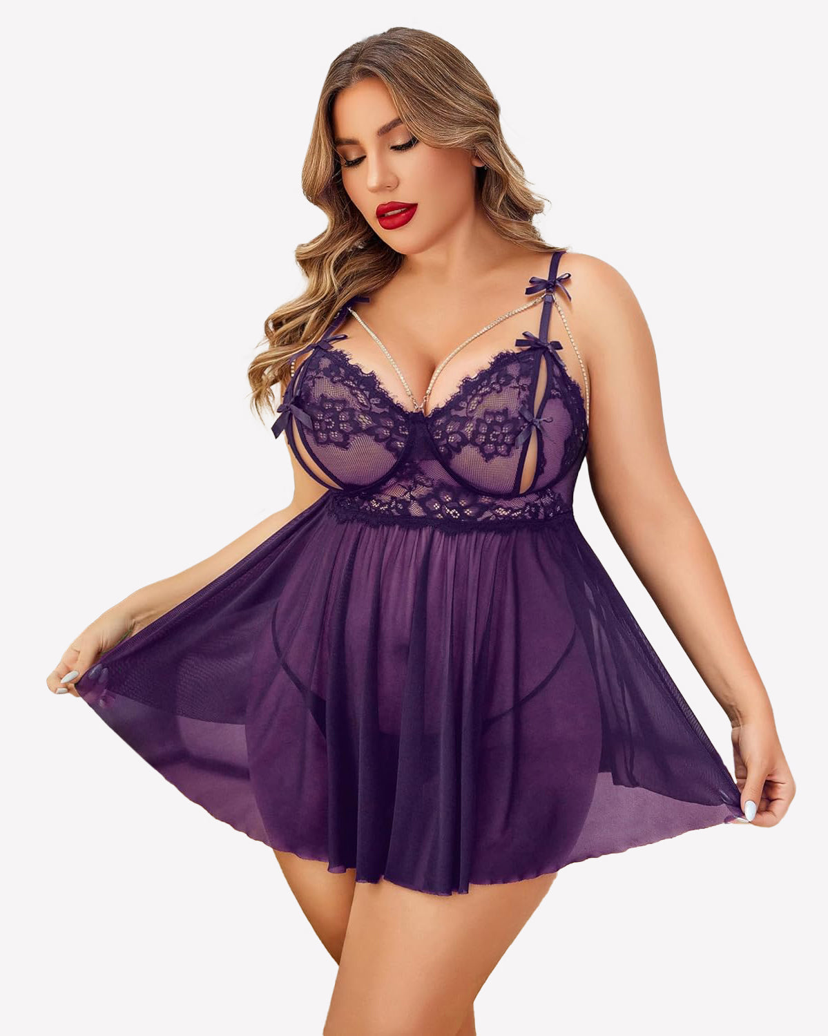 Plus Size Lace Babydoll Nighty Purple Lingerie Sets-Plus size - Tophatter Daily Deals