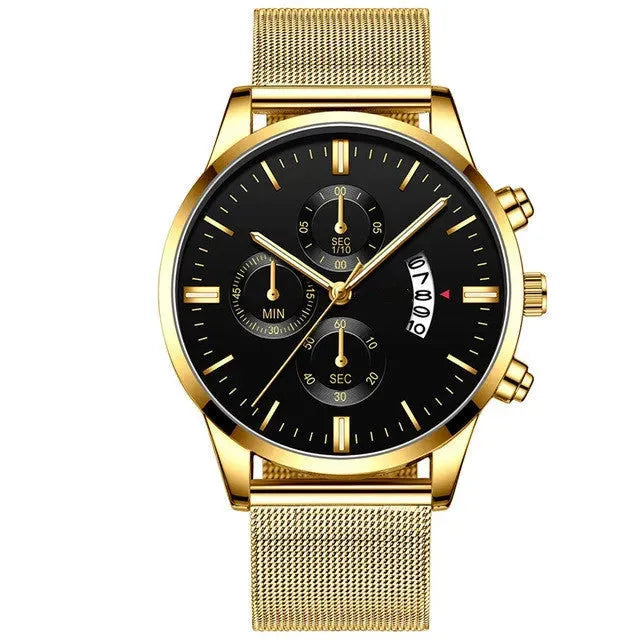 Mens Business Luxury Watches For Men Mesh Band Quartz Watch Gold Black Watches - Tophatter Daily Deals