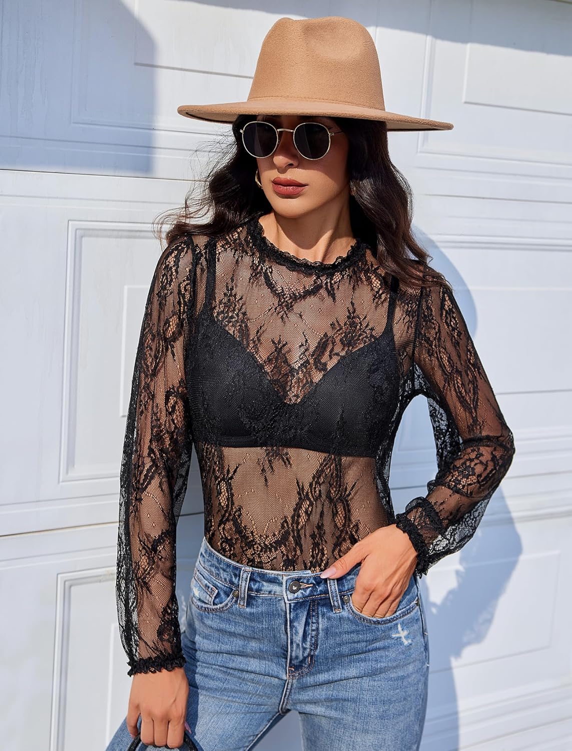 Floral Lace Mesh Top Long Sleeve Sheer Shirts Lingeries-Crop tops - Tophatter Daily Deals