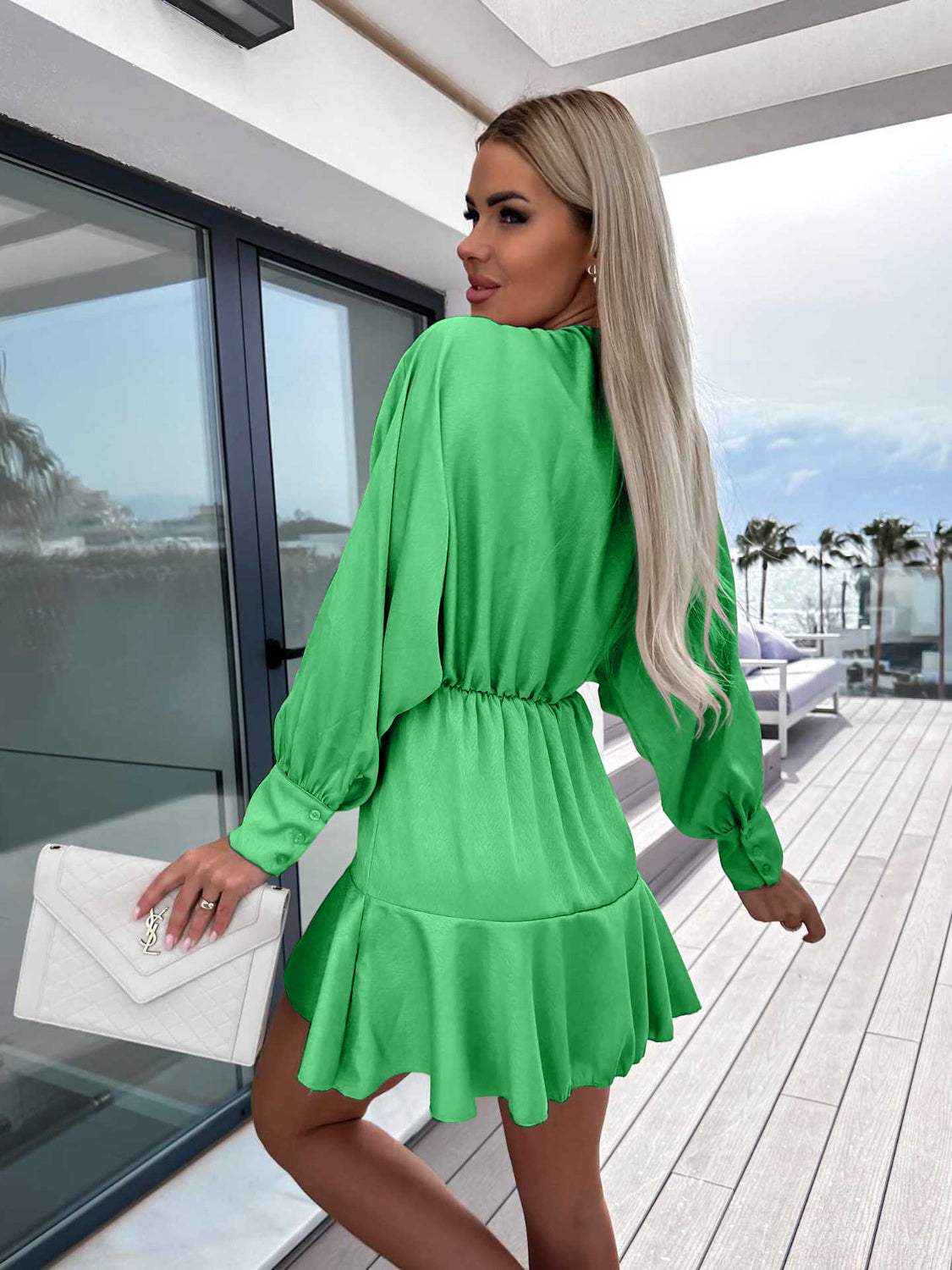 Surplice Ruffle Hem Lantern Sleeve Mini Dress Casual Dresses - Tophatter Daily Deals