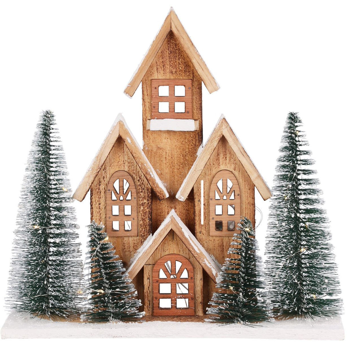 LED Wooden Christmas House with Bottle Brush Trees | Light Up Ornament - 30cm LED Light - Tophatter Daily Deals