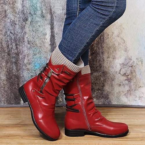 Warm Cozy Women's Mid Calf Winter Boots- Leather, For Winter Red - Tophatter Daily Deals