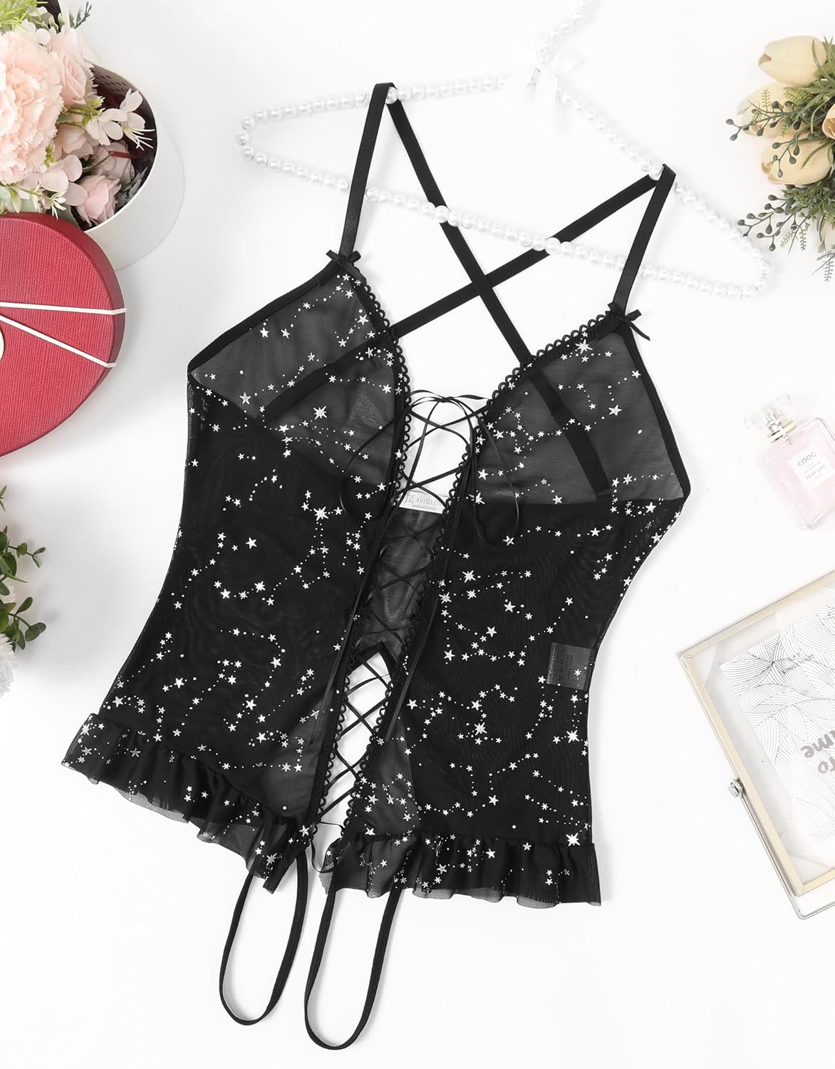 Floral Print Corset Ruffle Lace Up Bodysuit Star Lingeries-Bodysuits - Tophatter Daily Deals