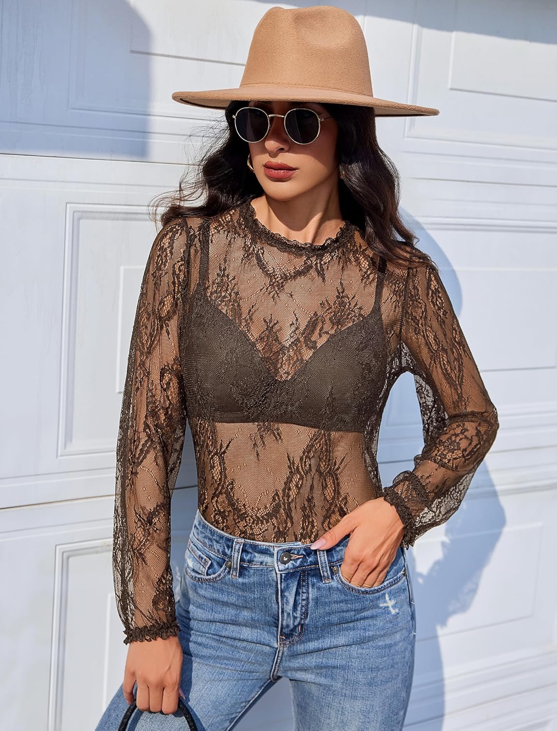 Floral Lace Mesh Top Long Sleeve Sheer Shirts Lingeries-Crop tops - Tophatter Daily Deals