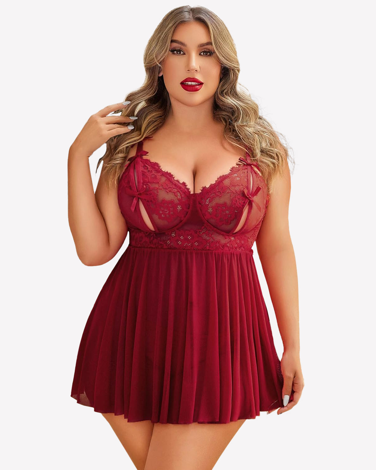 Plus Size Lace Babydoll Nighty Wine Red Lingerie Sets-Plus size - Tophatter Daily Deals