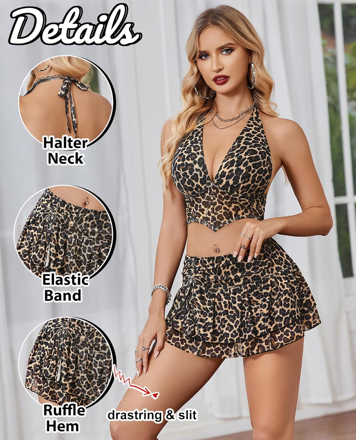 Halter Backless Tank Top Mini Skirt Set Grey Leopard Lingerie Sets-Skirt Sets - Tophatter Daily Deals