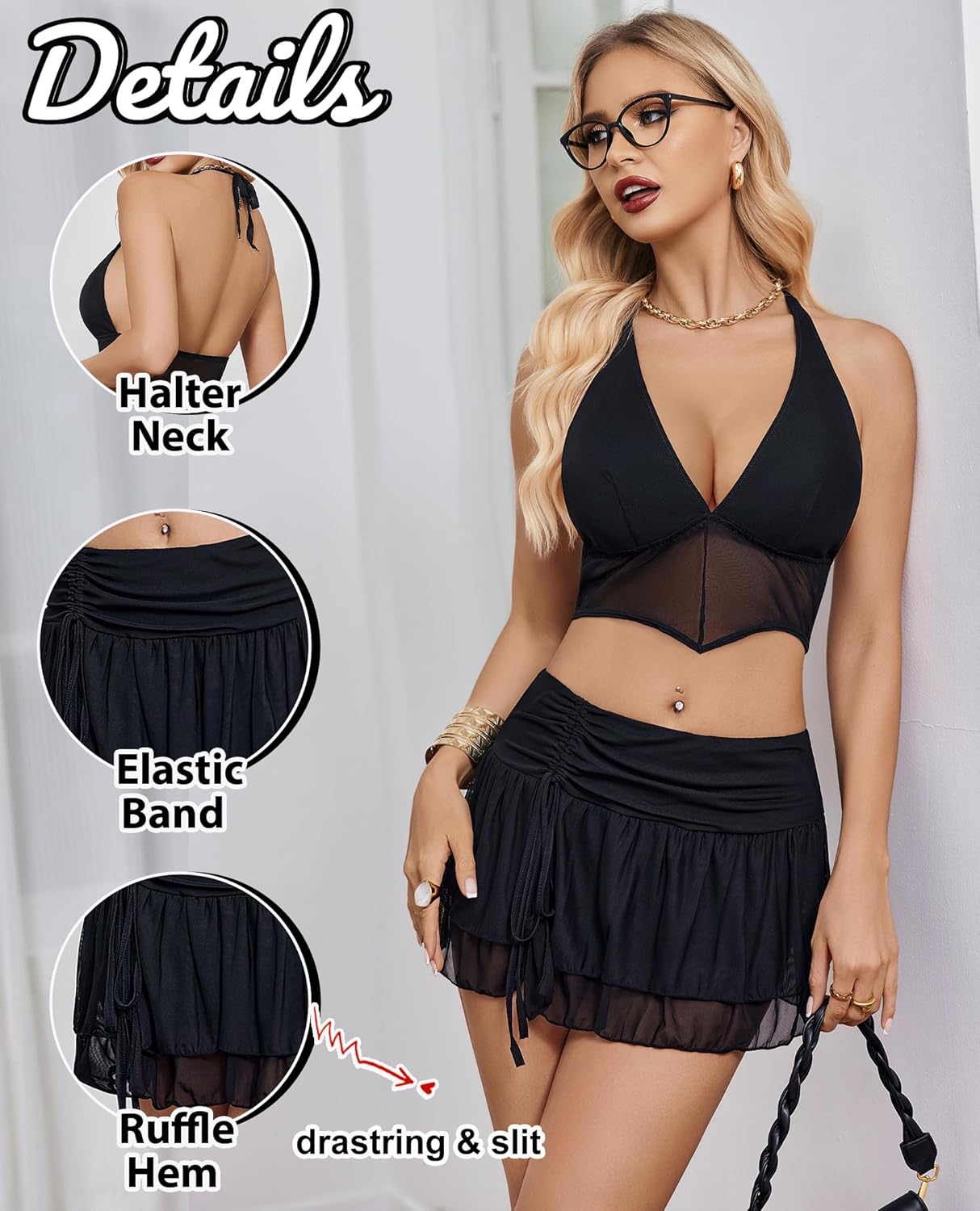 Halter Backless Tank Top Mini Skirt Set Black Lingerie Sets-Skirt Sets - Tophatter Daily Deals