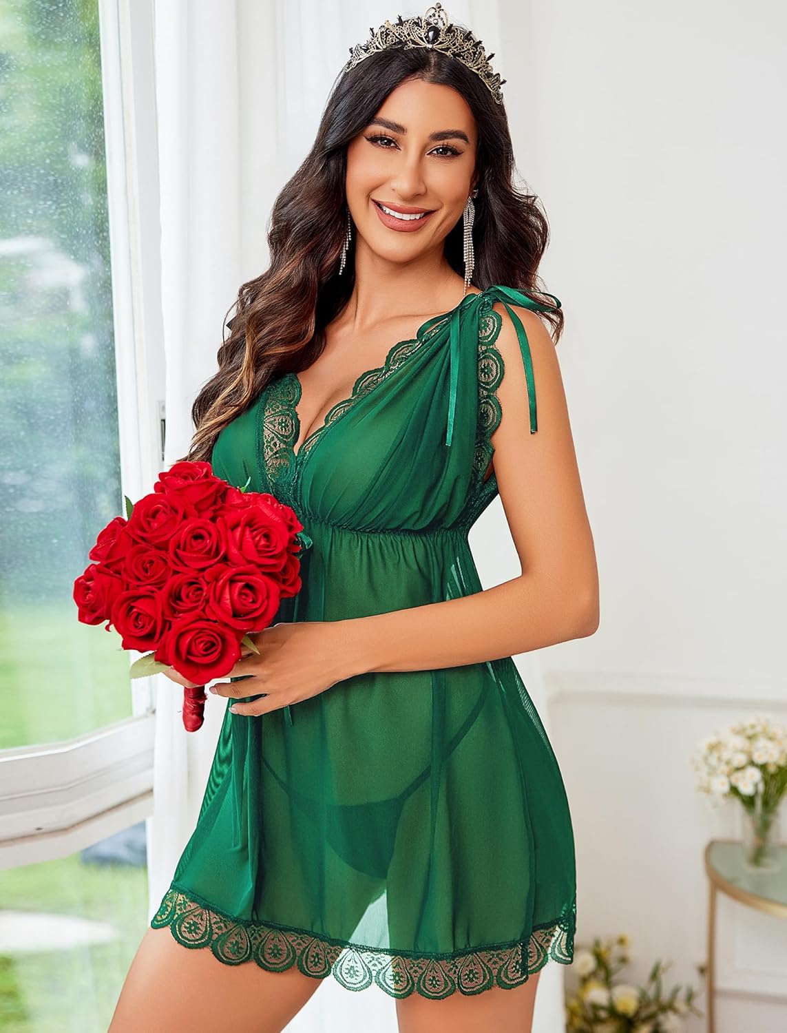 Short Sleeve Ruffle Mesh Dress with Thongs Lingerie-Babydolls - Tophatter Daily Deals