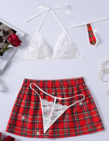 4 Piece with Lace Halter Top+Thong+Plaid Mini Skirt+Necktie Lingerie Sets-Skirt Sets - Tophatter Daily Deals