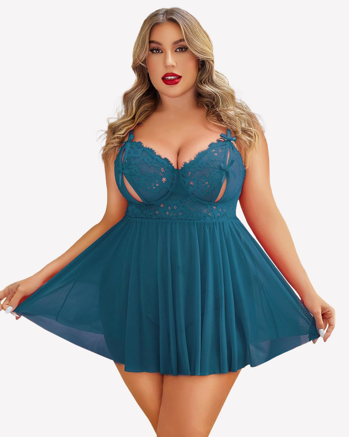 Plus Size Lace Babydoll Nighty Peaock Blue Lingerie Sets-Plus size - Tophatter Daily Deals