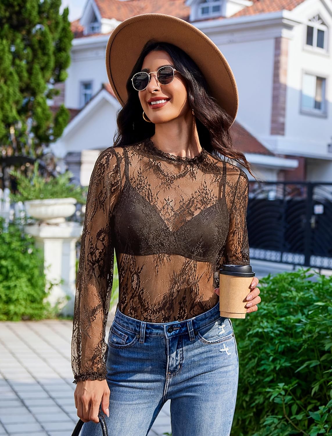 Floral Lace Mesh Top Long Sleeve Sheer Shirts Lingeries-Crop tops - Tophatter Daily Deals