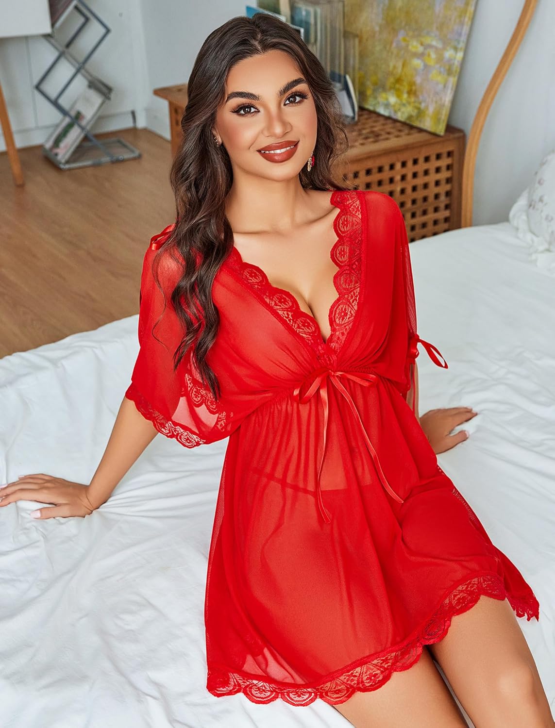 Short Sleeve Ruffle Mesh Dress with Thongs Lingerie-Babydolls - Tophatter Daily Deals