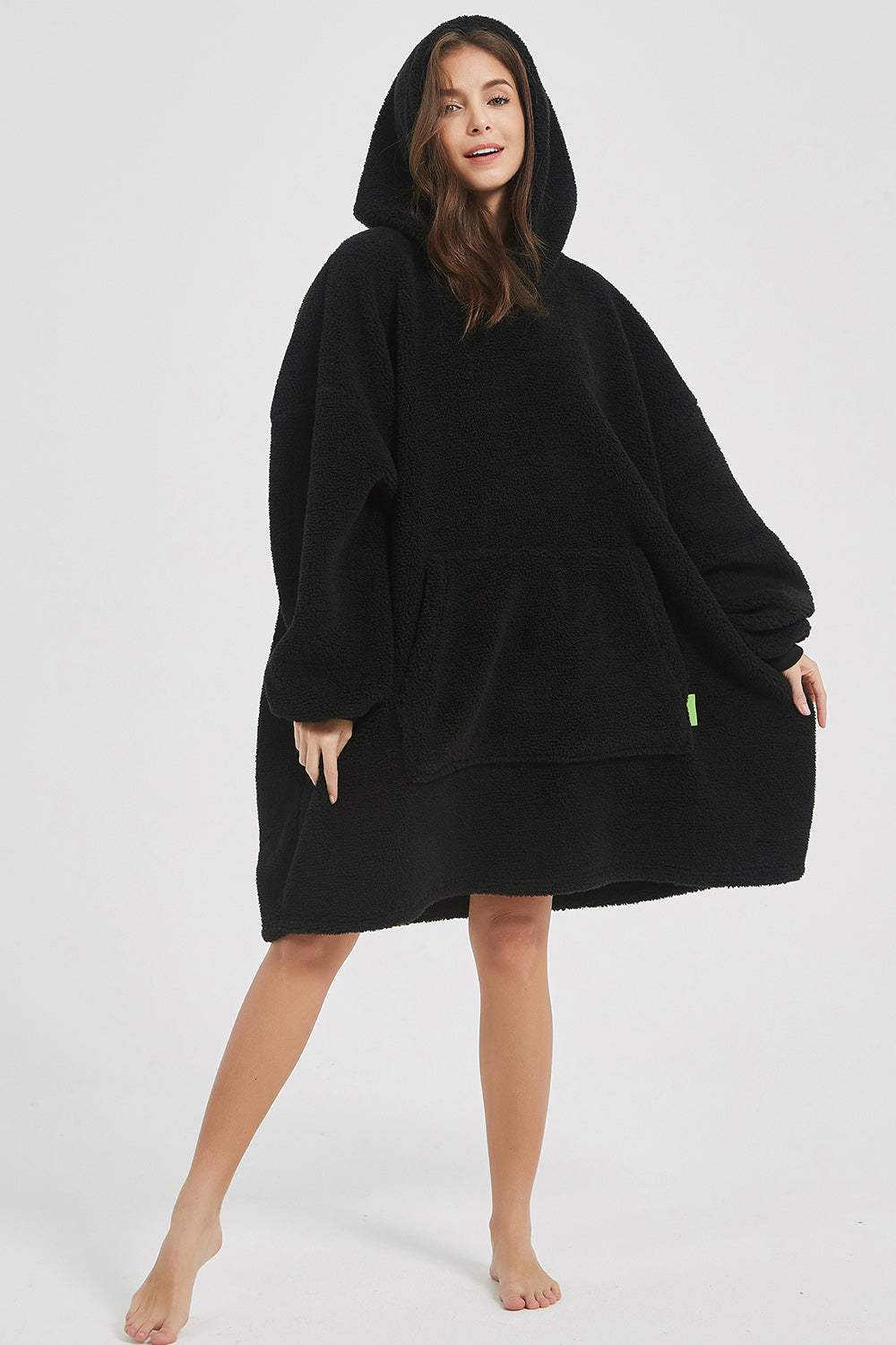 Lantern Sleeve Oversized Hooded Fuzzy Lounge Dress Black One Size Sleep Dresses - Tophatter Daily Deals