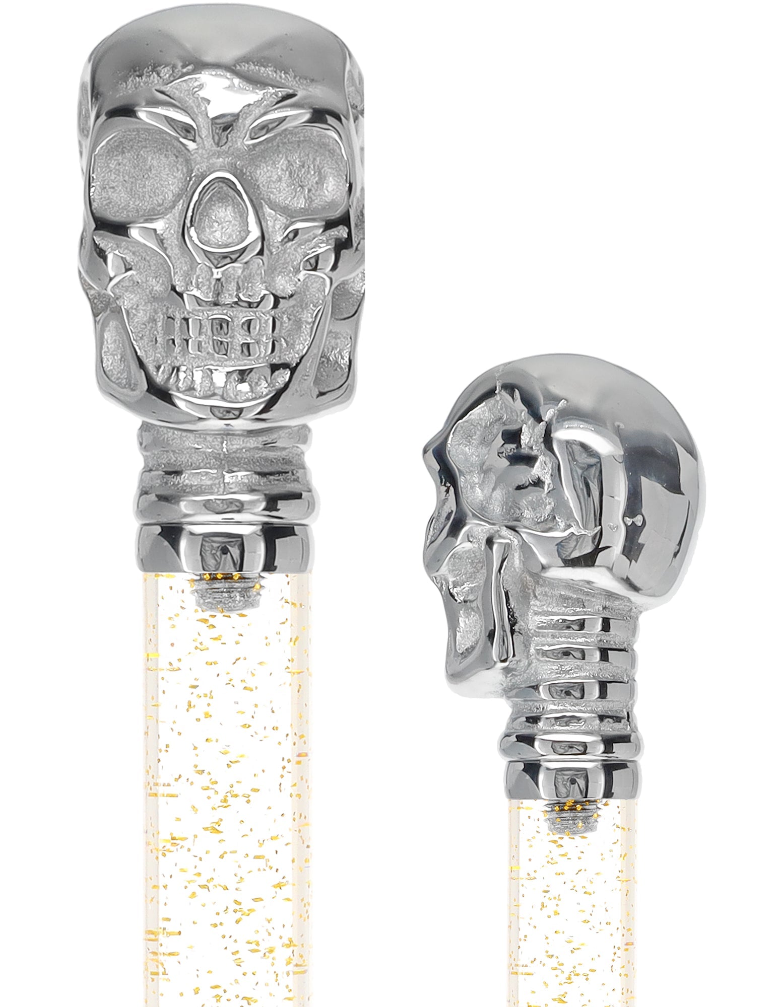 Crystal Elegance Chrome Skull Cane with Invisible Acrylic Shaft Options Gold Shimmer Sparkles Clear Lucite Walking Canes - Tophatter Daily Deals