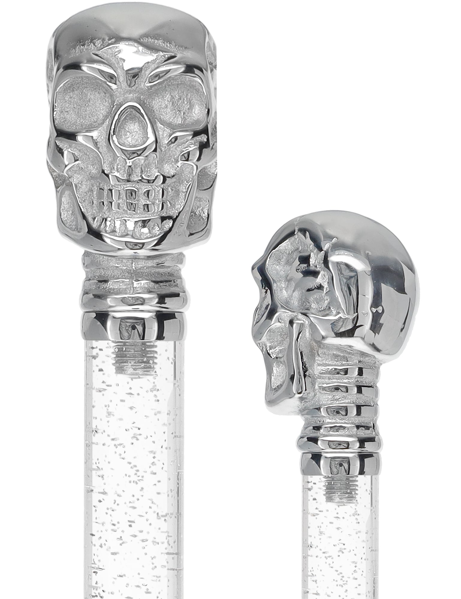 Crystal Elegance Chrome Skull Cane with Invisible Acrylic Shaft Options Silver Shimmer Sparkles Clear Lucite Walking Canes - Tophatter Daily Deals