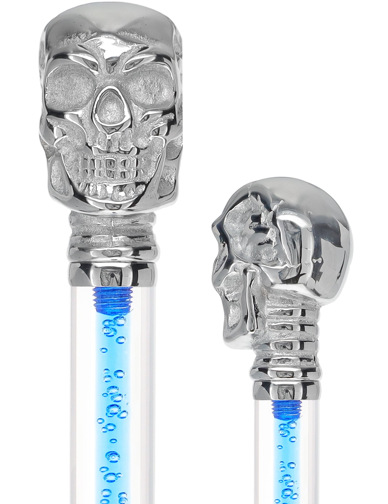 Color Crystal Elegance Chrome Skull Cane with Invisible Acrylic Shaft Options Ocean Blue Bubbles Clear Lucite Walking Canes - Tophatter Daily Deals