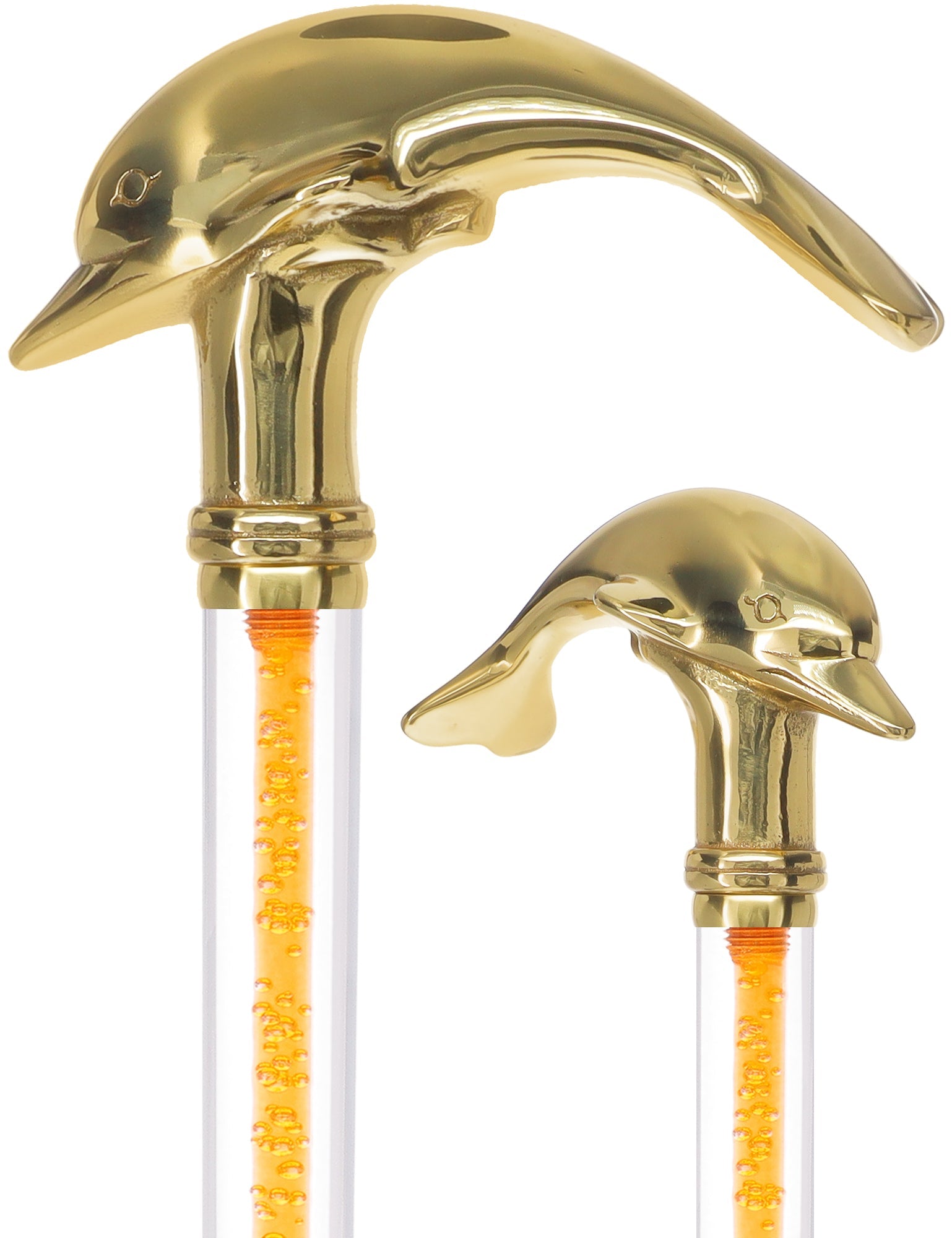 Color Crystal Elegance Brass Dolphin Cane with Invisible Acrylic Shaft Options Bold Orange Clear Lucite Walking Canes - Tophatter Daily Deals