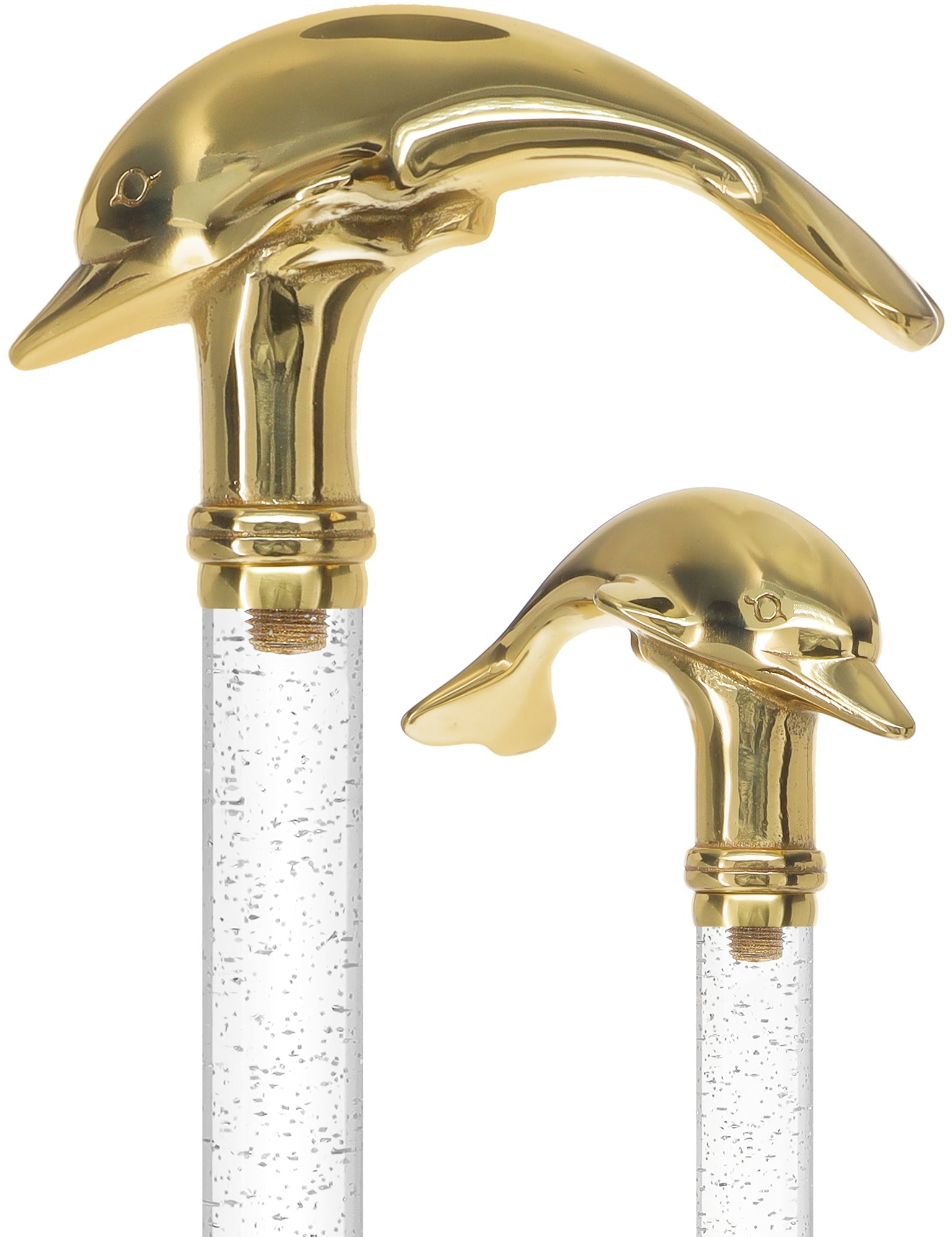 Crystal Elegance Brass Dolphin Cane with Invisible Acrylic Shaft Options Silver Shimmer Sparkles Clear Lucite Walking Canes - Tophatter Daily Deals