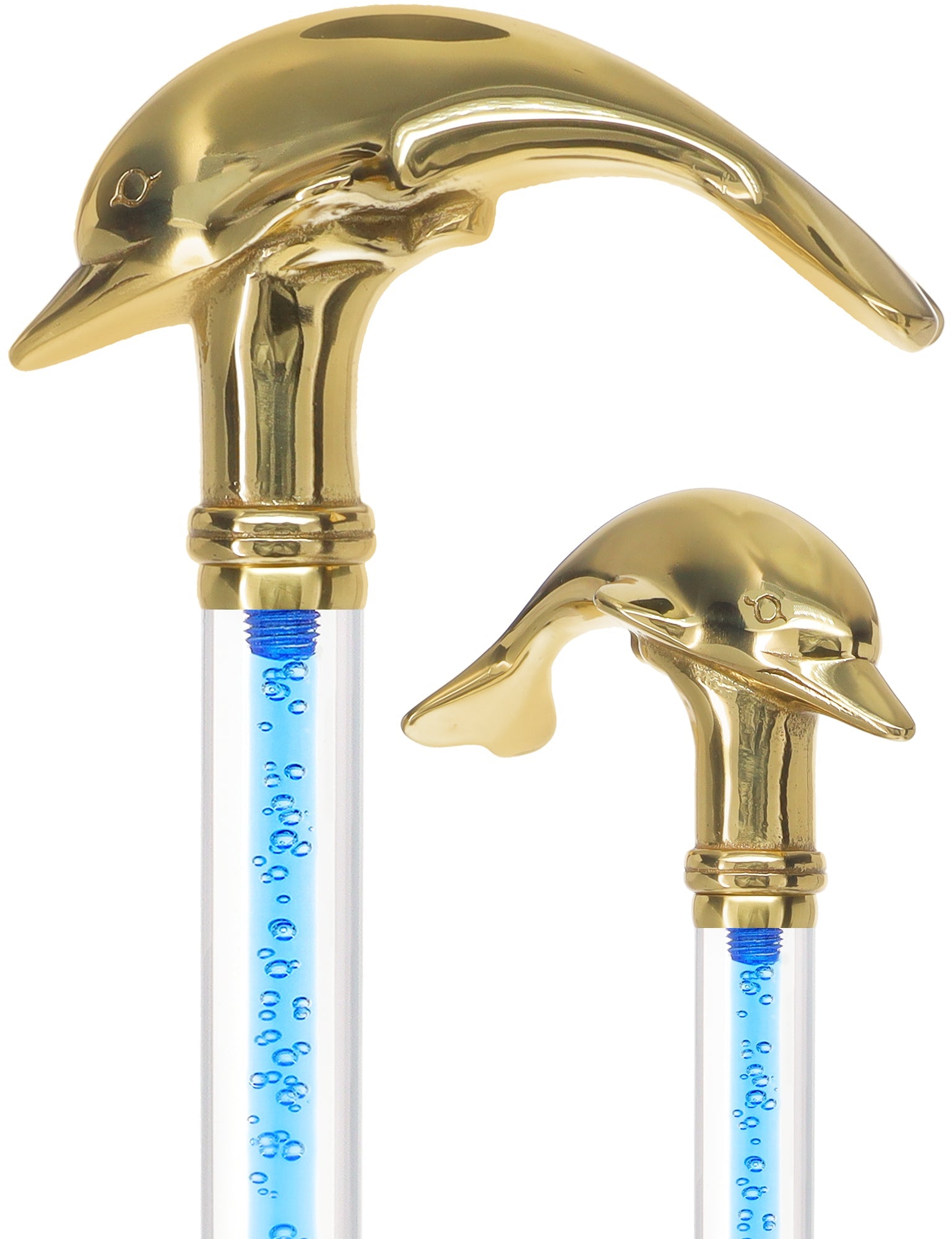 Color Crystal Elegance Brass Dolphin Cane with Invisible Acrylic Shaft Options Ocean Blue Bubbles Clear Lucite Walking Canes - Tophatter Daily Deals