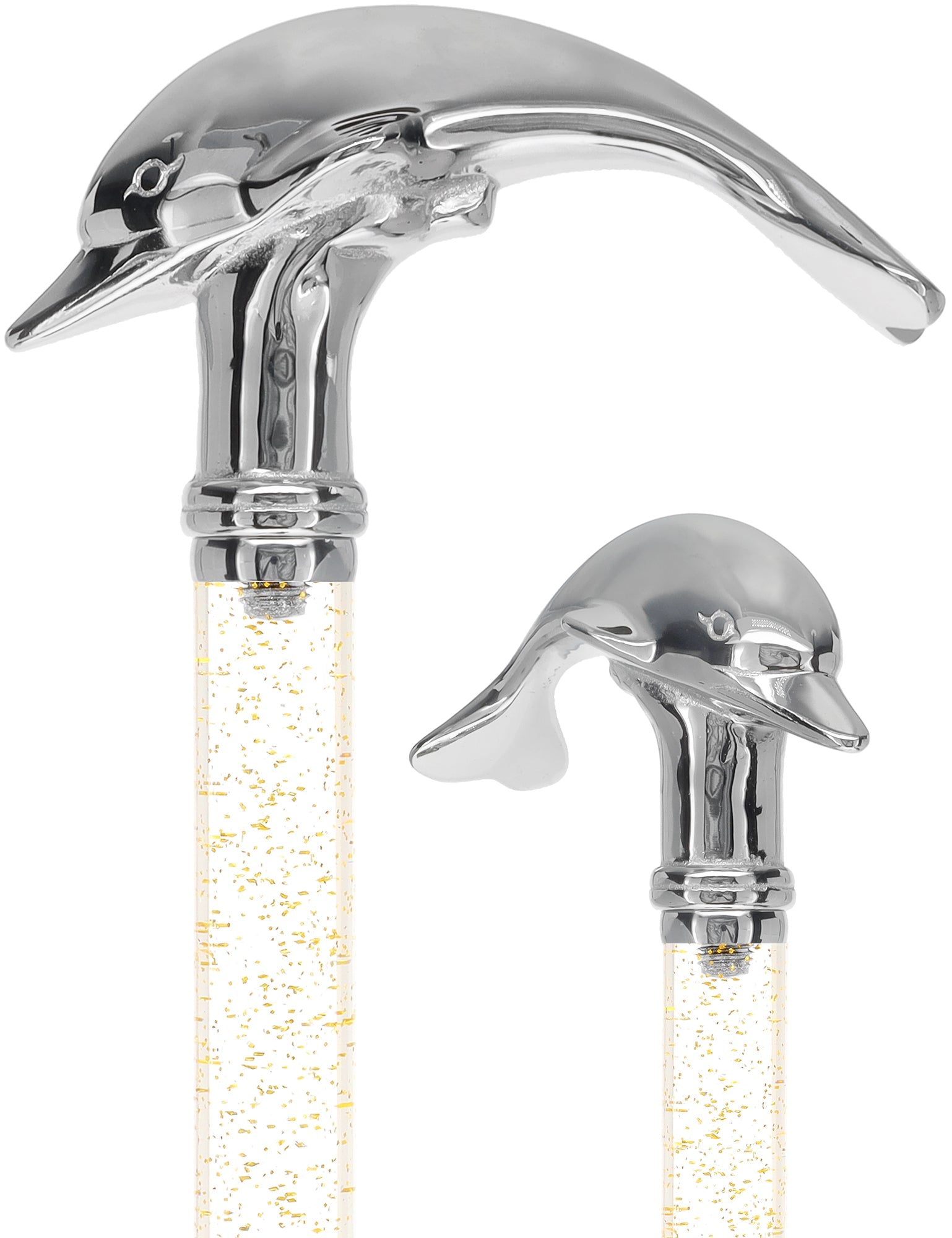 Crystal Elegance Chrome Dolphin Cane with Invisible Acrylic Shaft Options Gold Shimmer Sparkles Clear Lucite Walking Canes - Tophatter Daily Deals