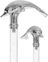 Crystal Elegance Chrome Dolphin Cane with Invisible Acrylic Shaft Options Silver Shimmer Sparkles Clear Lucite Walking Canes - Tophatter Daily Deals