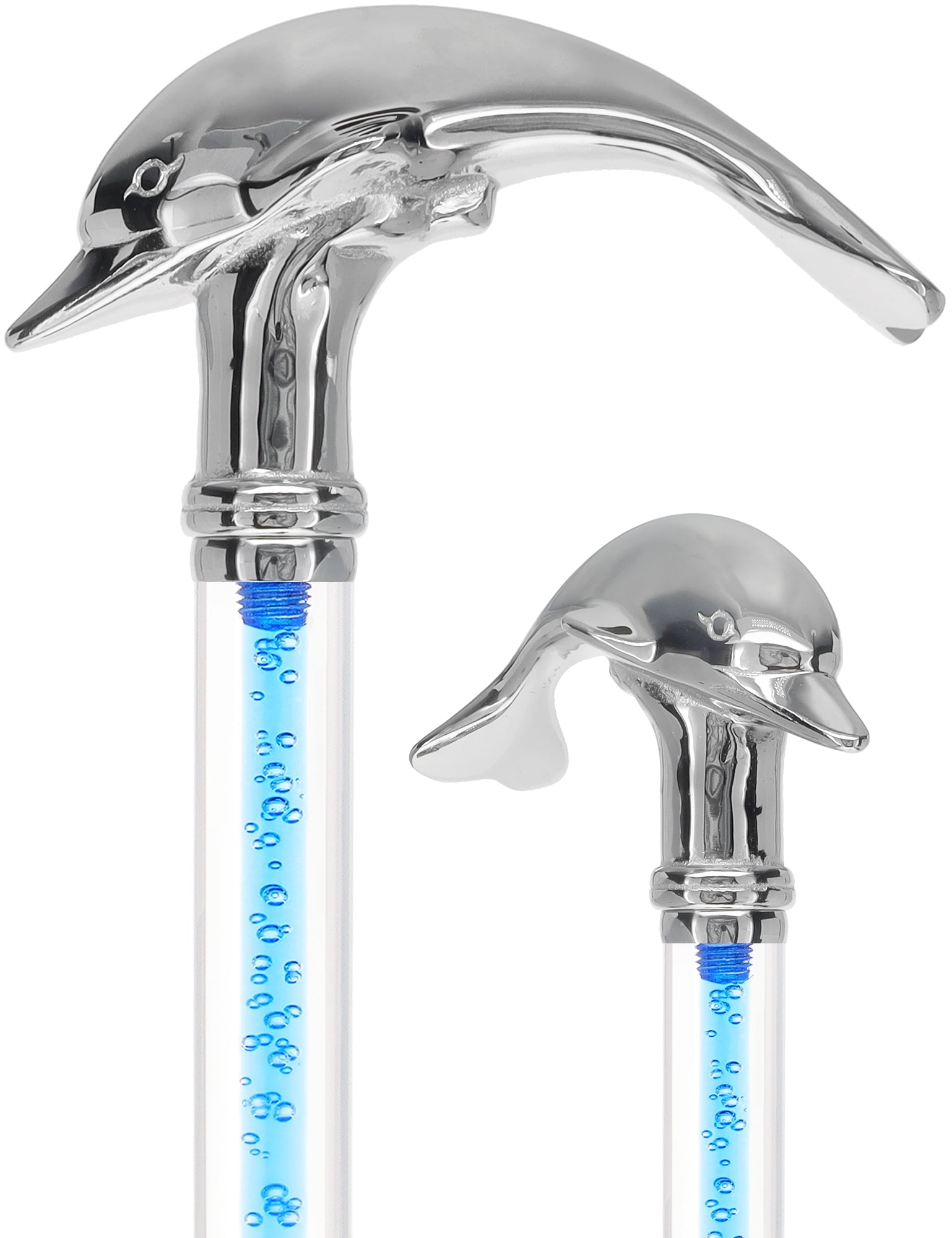 Color Crystal Elegance Chrome Dolphin Cane with Invisible Acrylic Shaft Options Ocean Blue Bubbles Clear Lucite Walking Canes - Tophatter Daily Deals