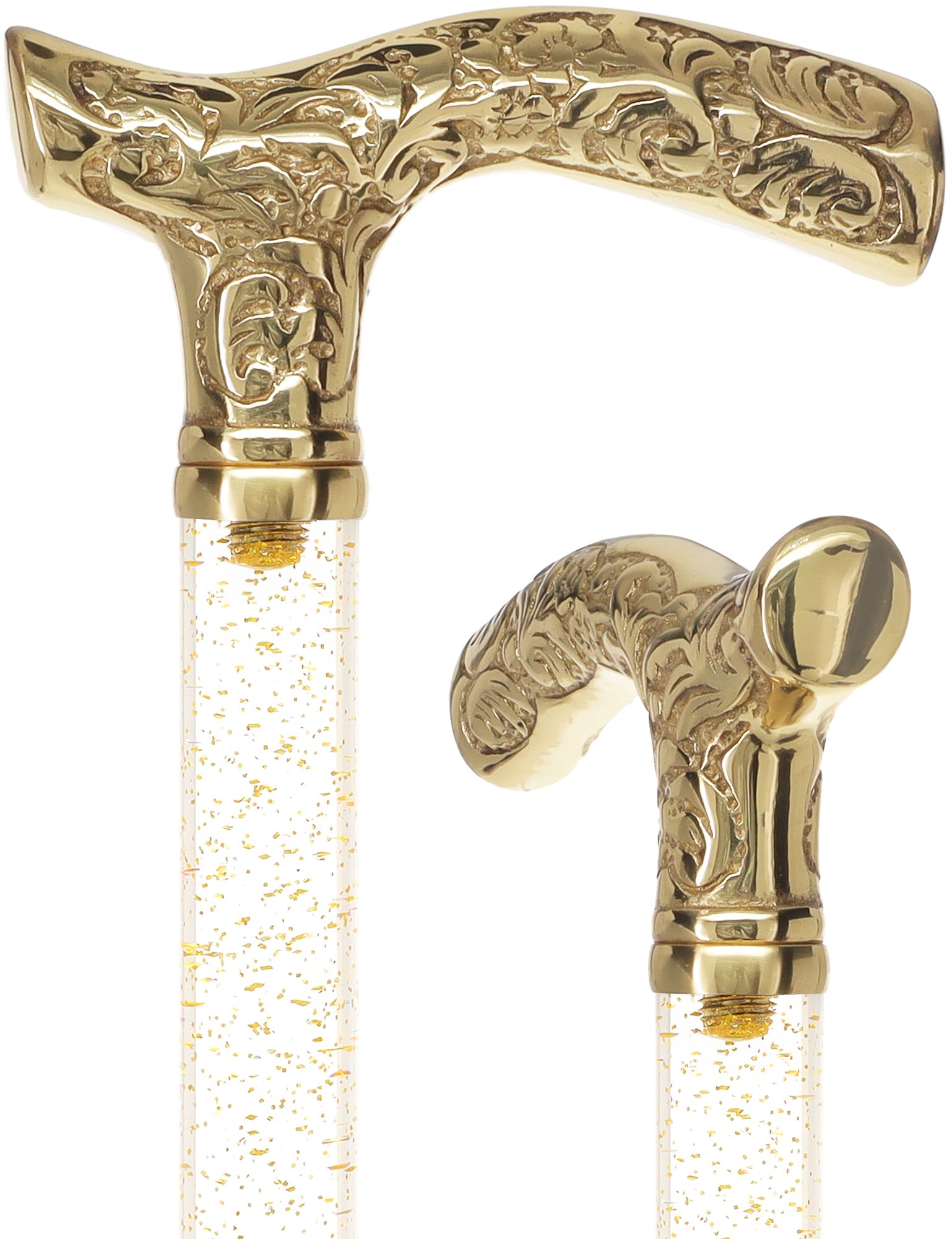 Crystal Elegance Brass Fritz Cane with Invisible Acrylic Shaft Options Gold Shimmer Sparkles Clear Lucite Walking Canes - Tophatter Daily Deals