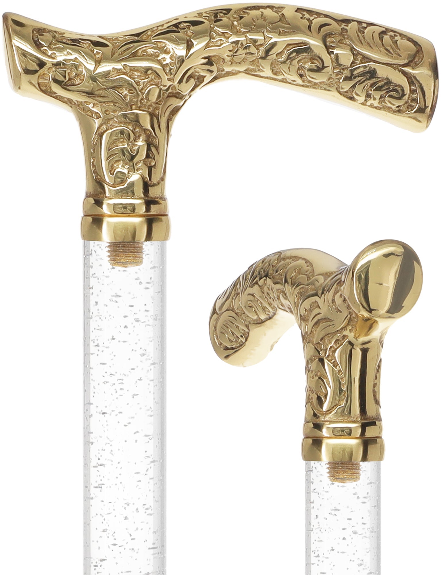 Crystal Elegance Brass Fritz Cane with Invisible Acrylic Shaft Options Silver Shimmer Sparkles Clear Lucite Walking Canes - Tophatter Daily Deals