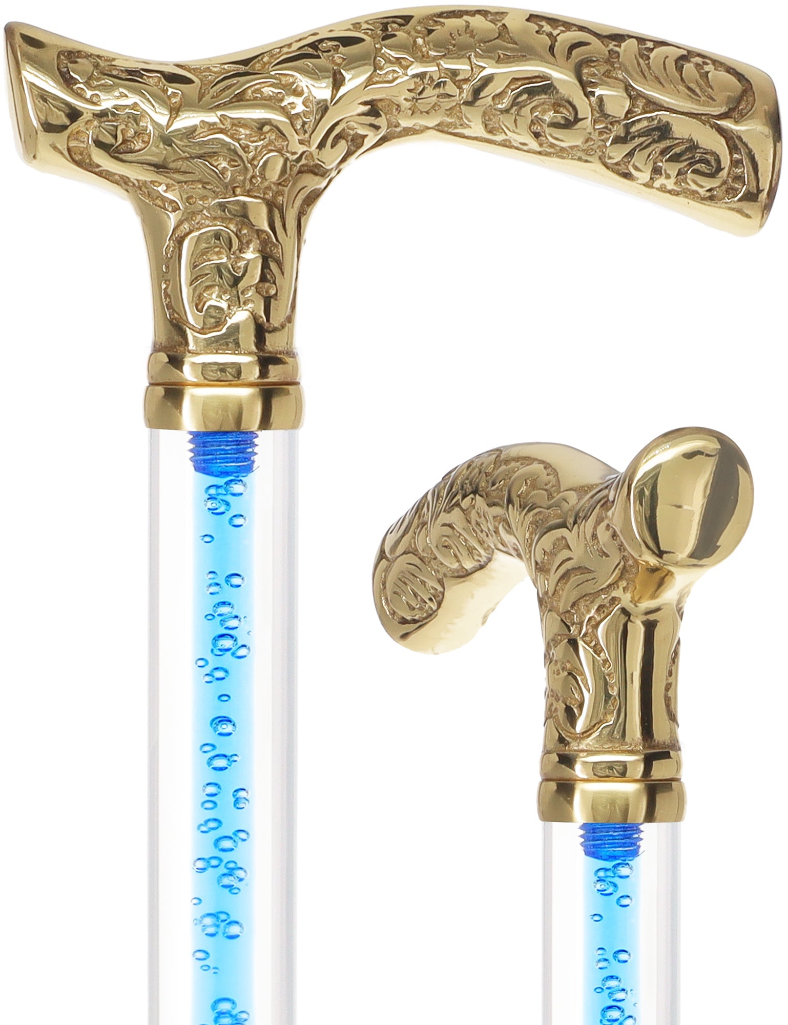 Color Crystal Elegance Brass Fritz Cane with Invisible Acrylic Shaft Options Ocean Blue Bubbles Clear Lucite Walking Canes - Tophatter Daily Deals