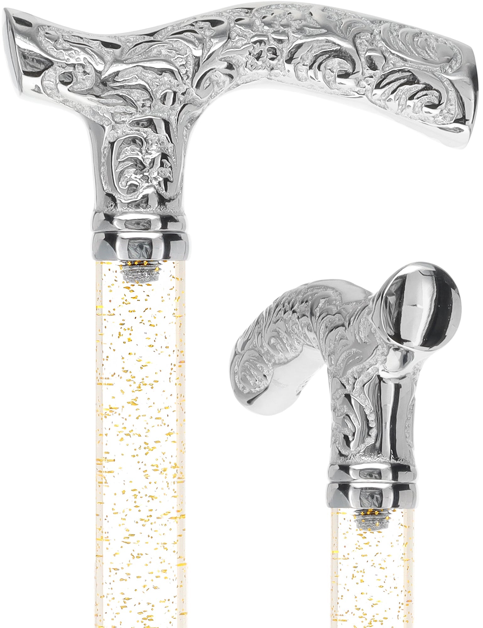 Crystal Elegance Chrome Fritz Cane with Invisible Acrylic Shaft Options Gold Shimmer Sparkles Clear Lucite Walking Canes - Tophatter Daily Deals