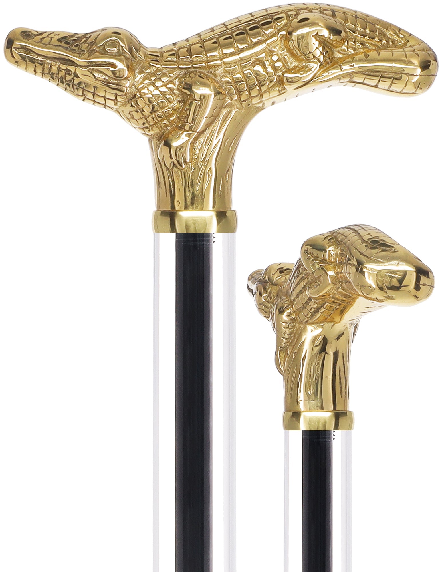 Crystal Elegance Brass Alligator Cane with Invisible Acrylic Shaft Options Obsidian Streak Clear Lucite Walking Canes - Tophatter Daily Deals