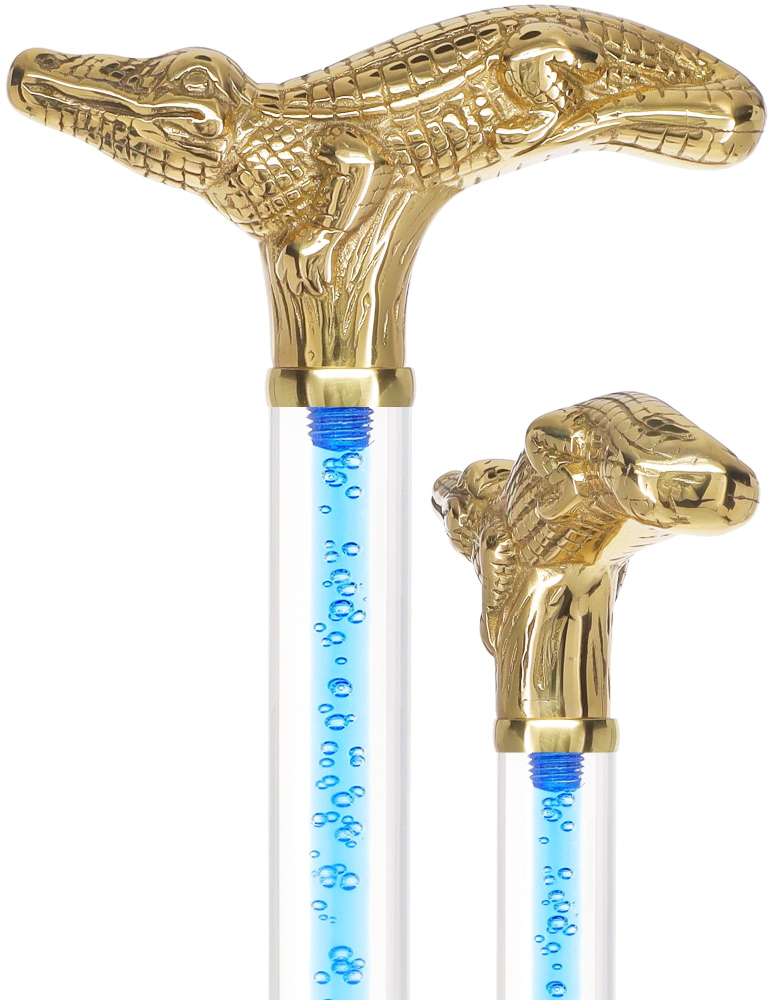 Color Crystal Elegance Brass Alligator Cane with Invisible Acrylic Shaft Options Ocean Blue Bubbles Clear Lucite Walking Canes - Tophatter Daily Deals