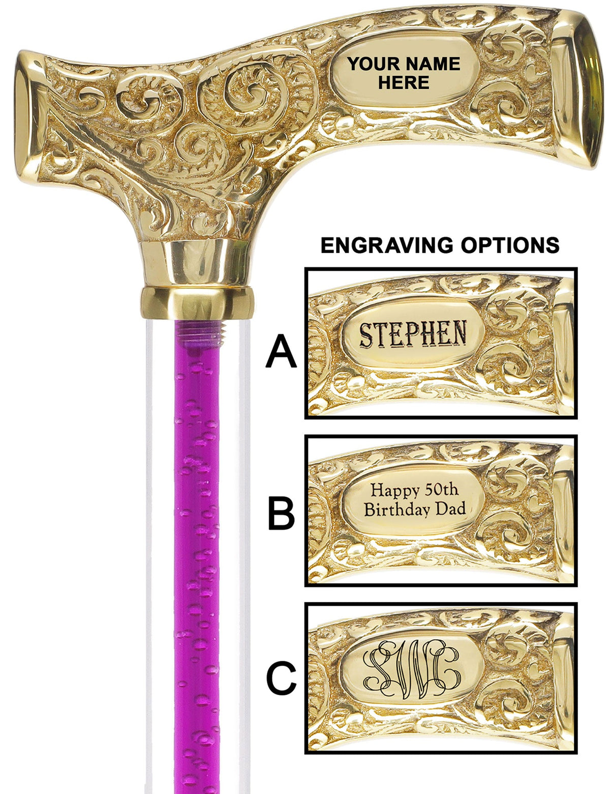 Make It Yours: Color Invisible Clear Shaft w/ Premium Brass Cane Purple Amethyst Trace Clear Lucite Walking Canes - Tophatter Daily Deals