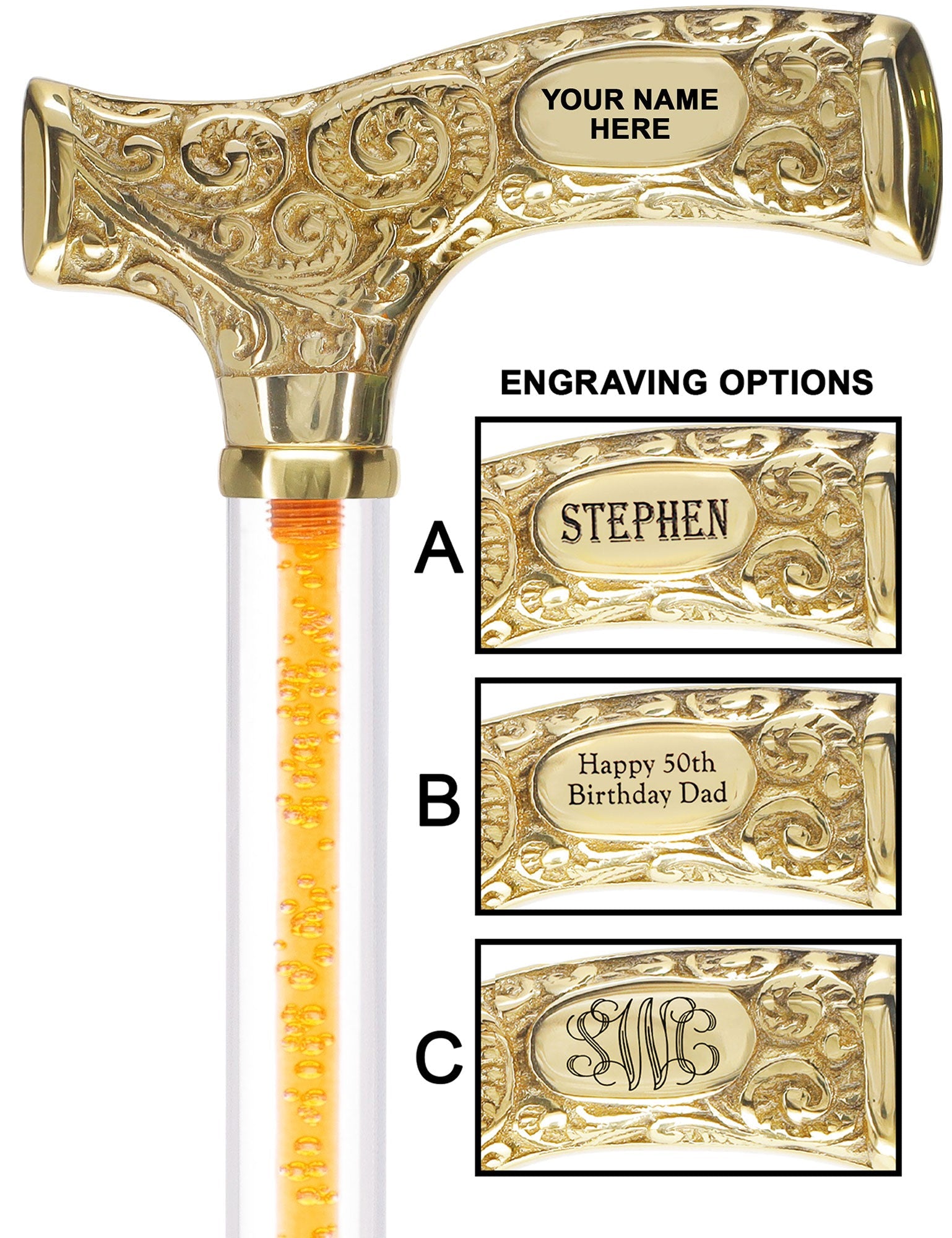 Make It Yours: Color Invisible Clear Shaft w/ Premium Brass Cane Bold Orange Clear Lucite Walking Canes - Tophatter Daily Deals