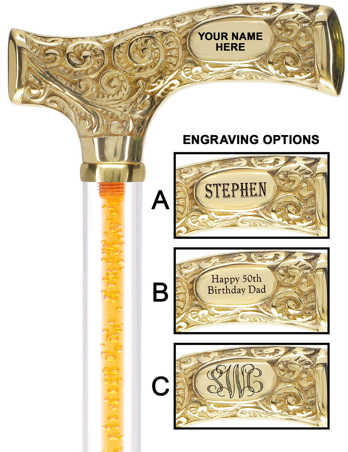 Make It Yours: Color Invisible Clear Shaft w/ Premium Brass Cane Bold Orange Clear Lucite Walking Canes - Tophatter Daily Deals