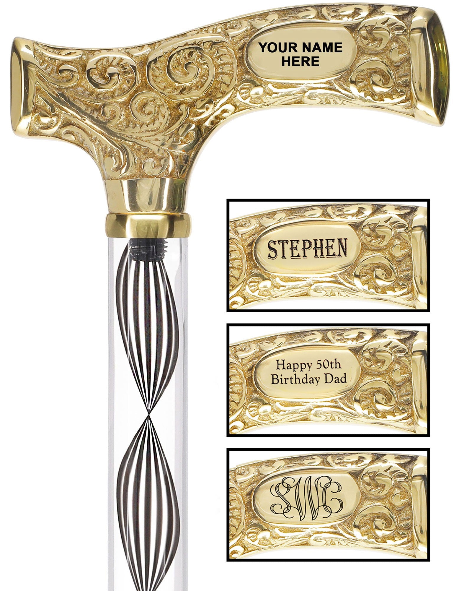 Make It Yours: Invisible Clear Shaft w/ Premium Brass Cane Obsidian Helix Clear Lucite Walking Canes - Tophatter Daily Deals